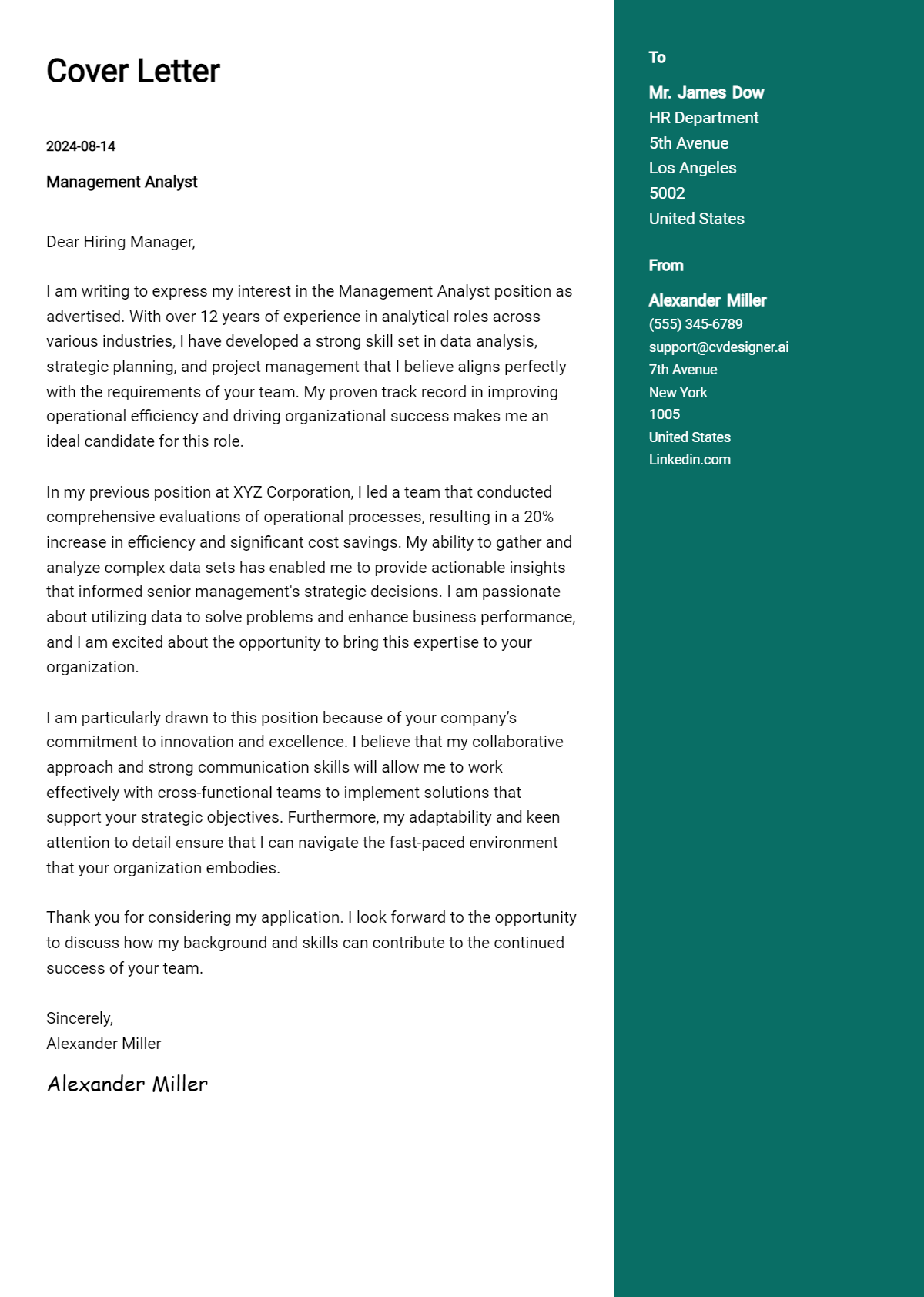 management analyst cover letter example