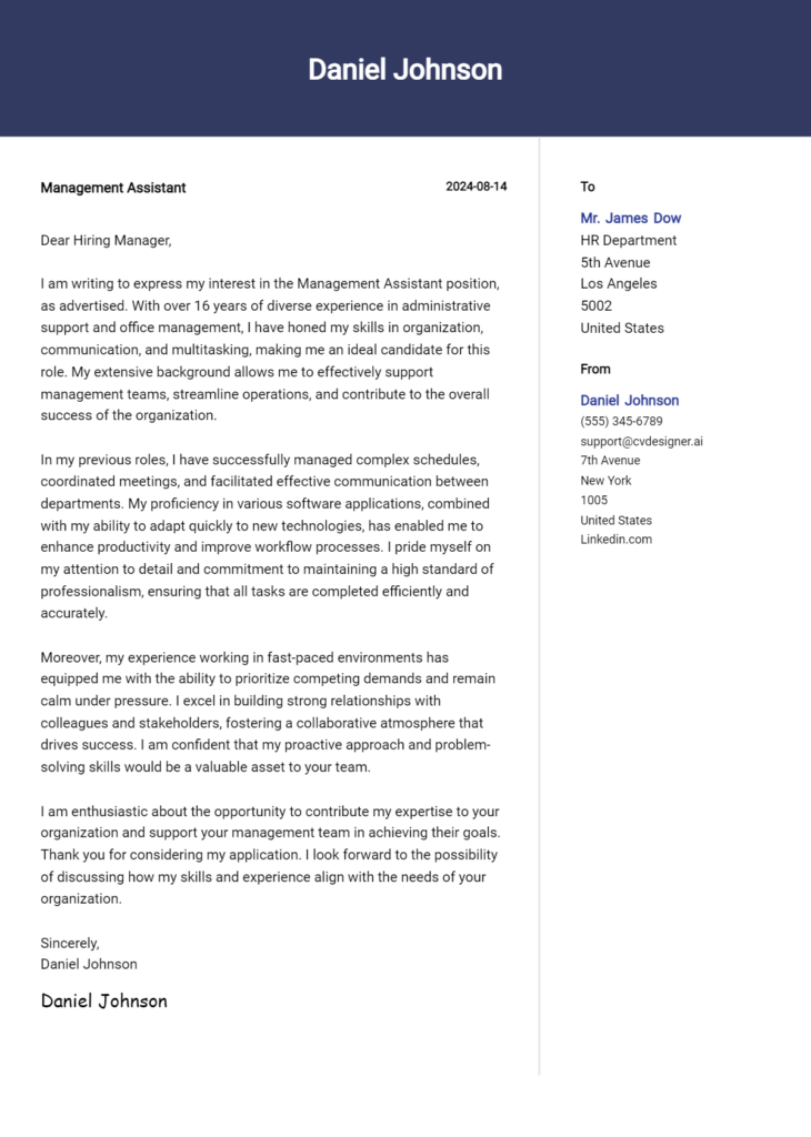 management assistant cover letter example