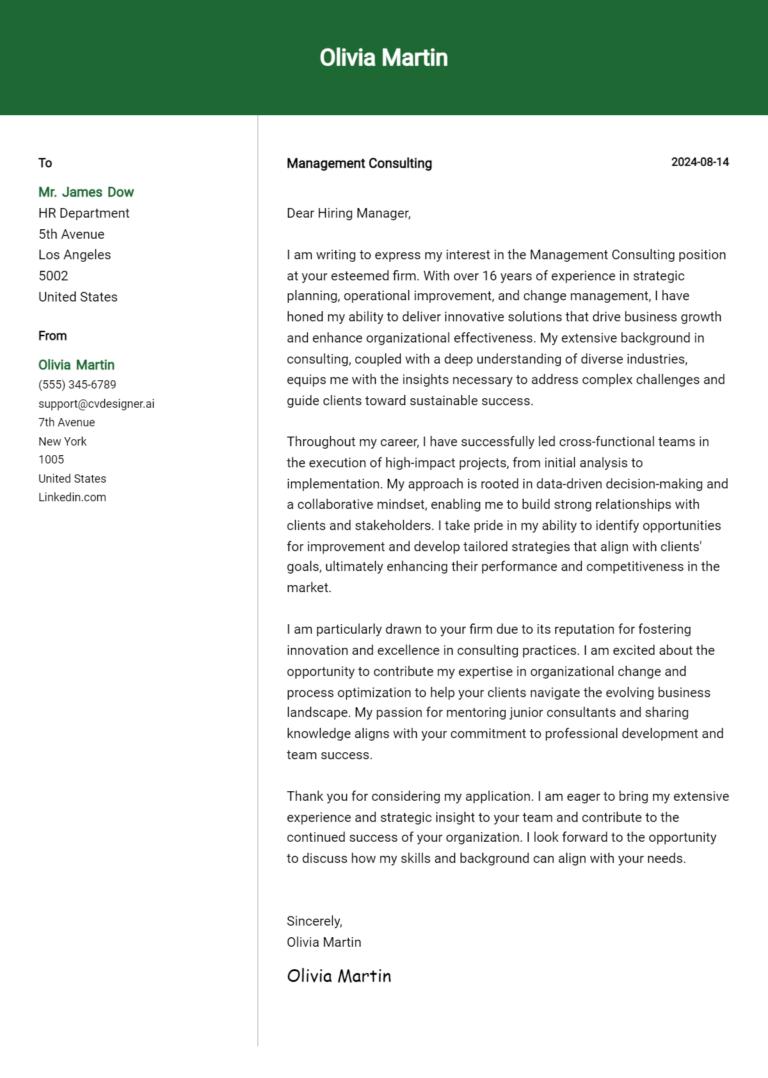12 Management Consulting Cover Letter Examples for 2025: Tips & Templates