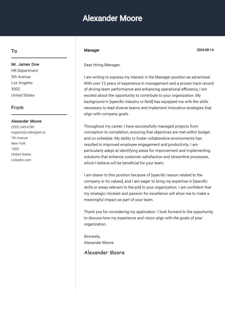 Manager Cover Letter Example for 2025 (Complete Writing Guide)