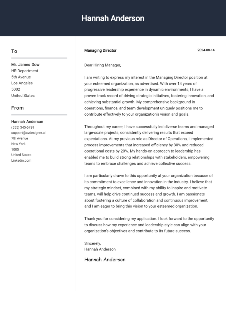 Managing Director Cover Letter Example for 2025: Free Templates