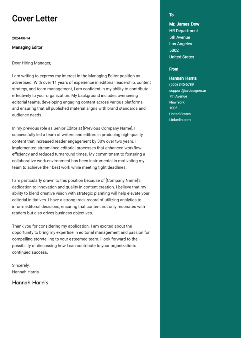 Managing Editor Cover Letter Examples for 2025 (Downloadable)
