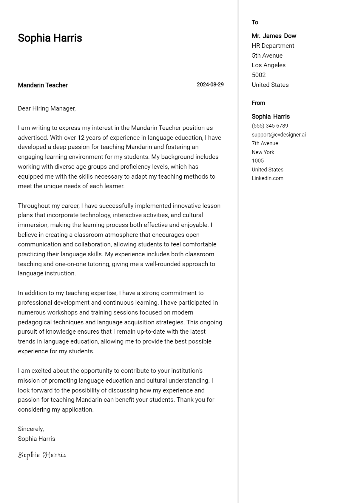 mandarin teacher cover letter example