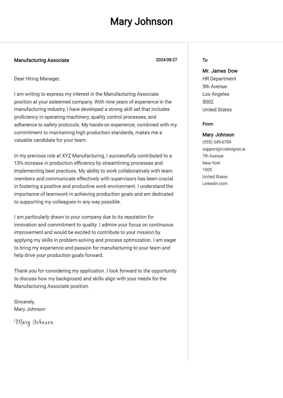 manufacturing associate cover letter example