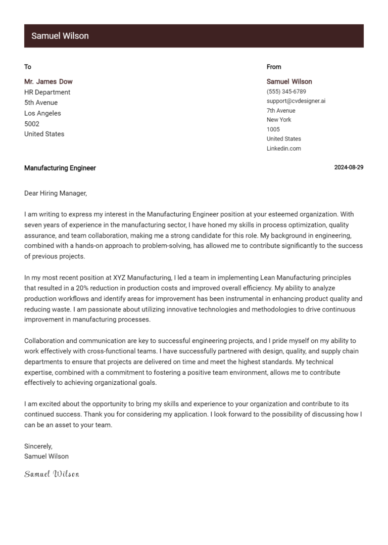 Manufacturing Engineer Cover Letter Example for 2025: Ultimate Guide