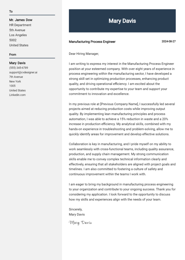 Manufacturing Process Engineer Cover Letter Examples & Samples for 2025