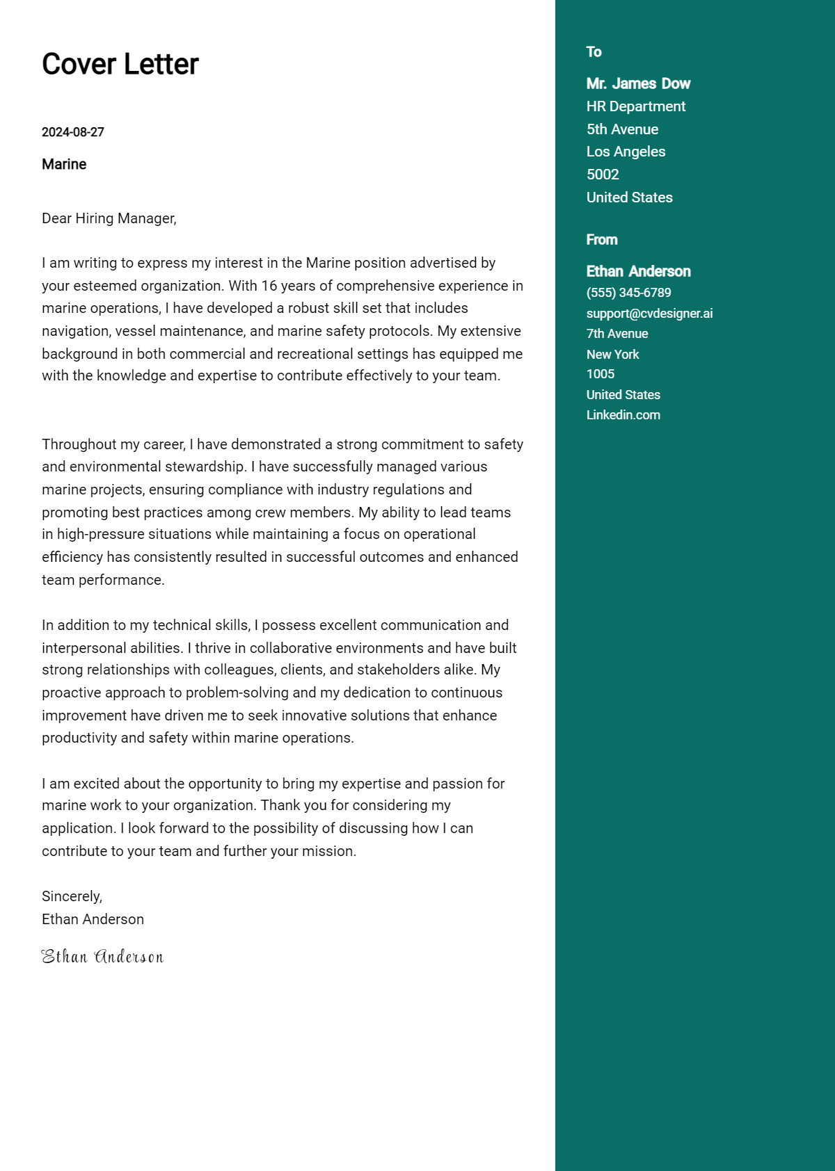 marine cover letter example