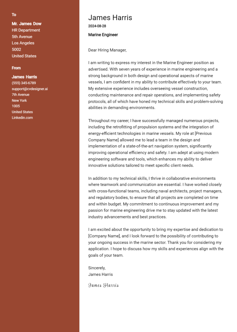 Marine Engineer Cover Letter Example for 2025 (Free Templates)