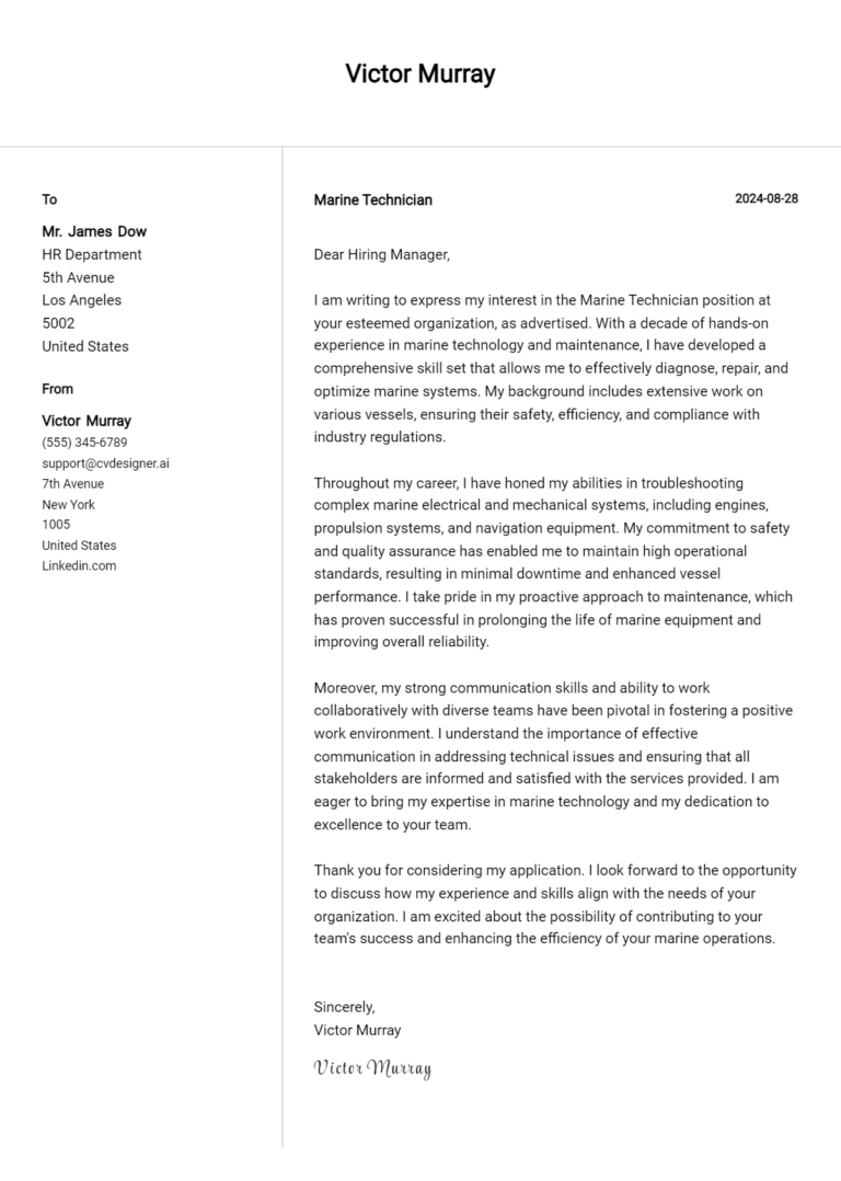 Marine Technician Cover Letter Example for 2025: Tips & Templates