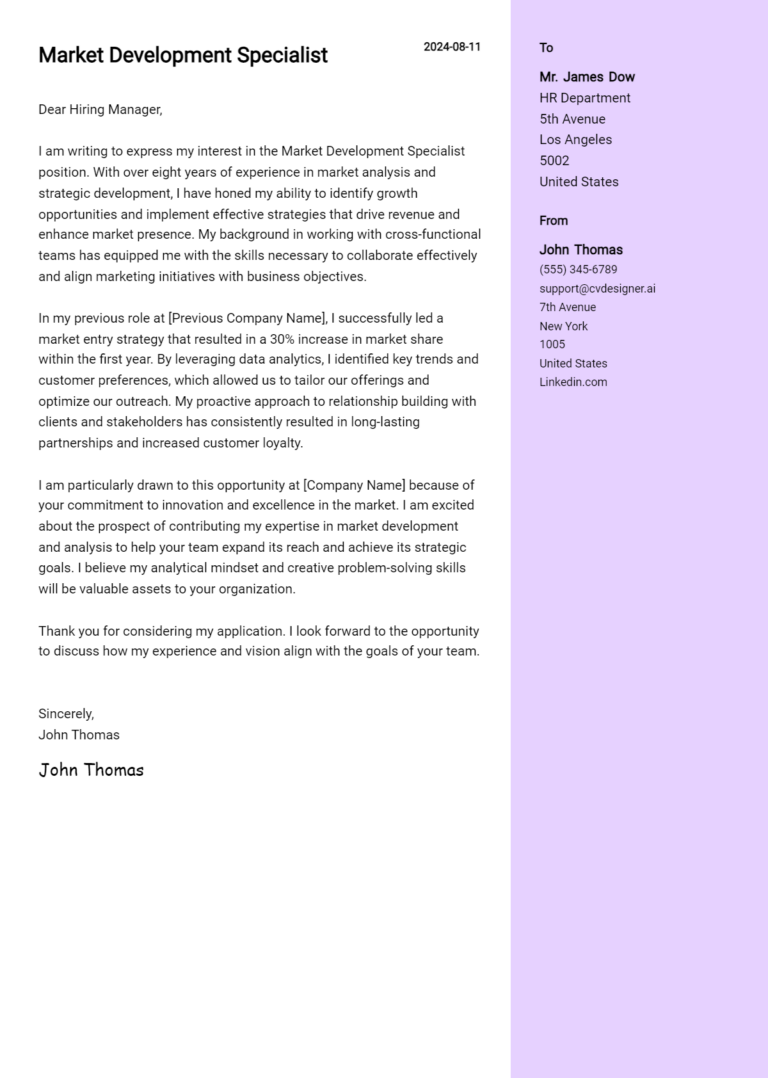 Market Development Specialist Cover Letter Example for 2025: Tips & Templates
