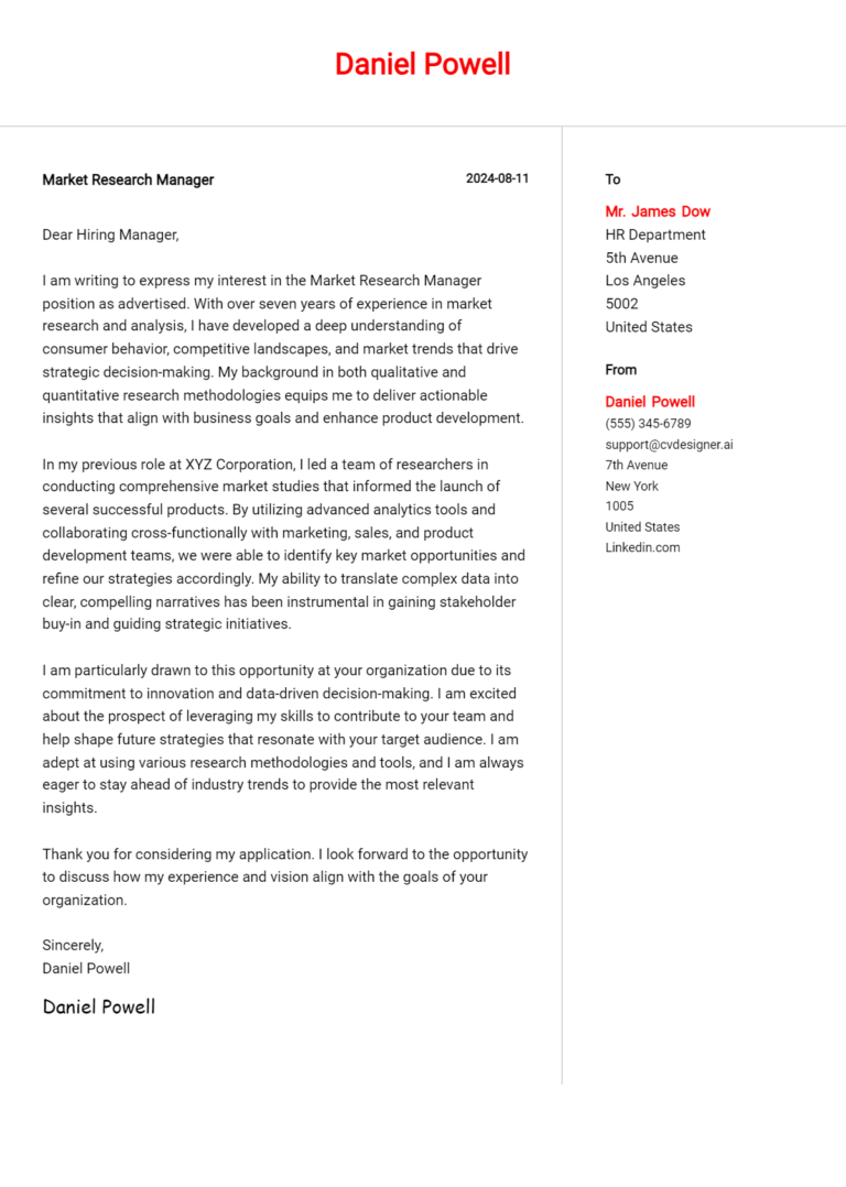 Market Research Manager Cover Letter Examples and Templates for 2025