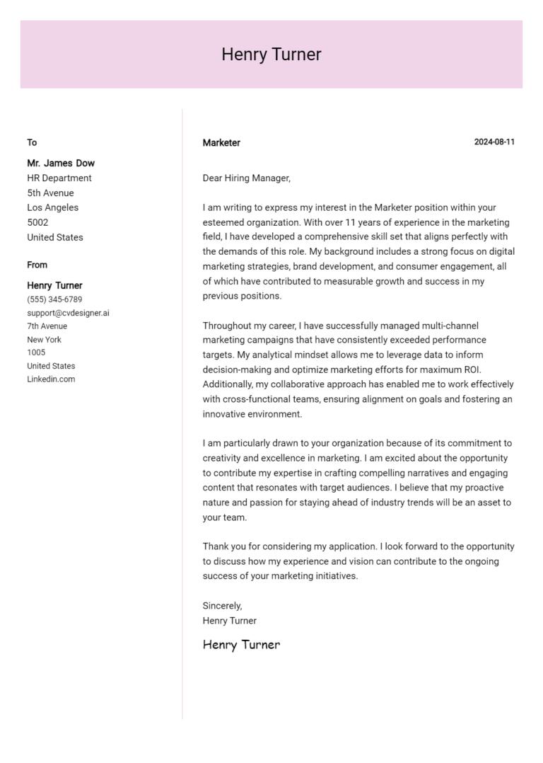 Marketer Cover Letter Example for 2025 (Writing Guide)