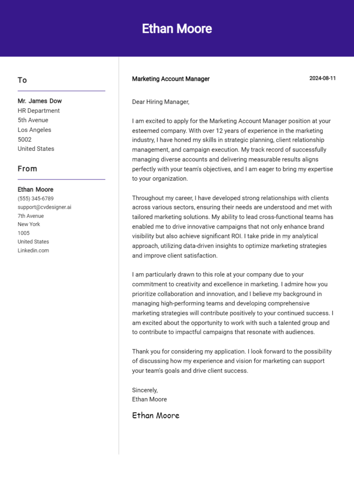 marketing account manager cover letter example