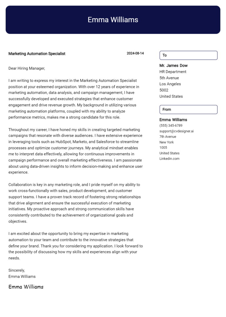 Marketing Automation Specialist Cover Letter Example for 2025: Top CV Skills