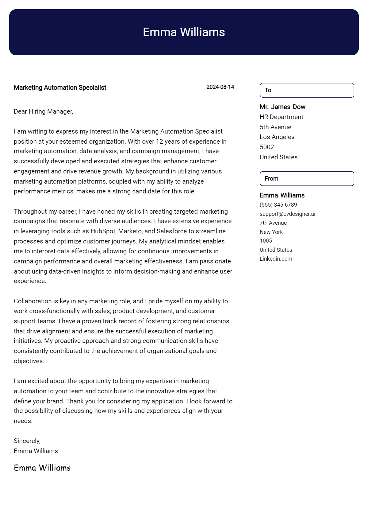 marketing automation specialist cover letter example
