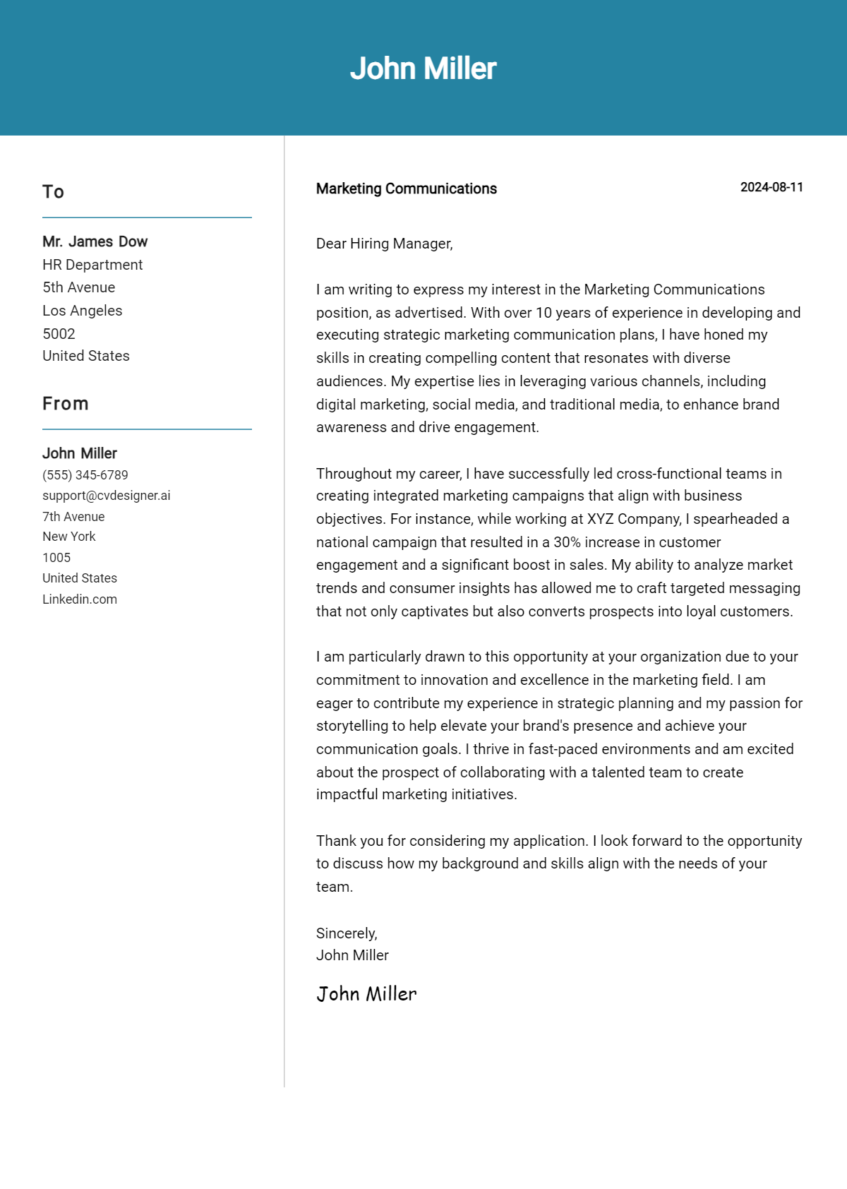 marketing communications cover letter example