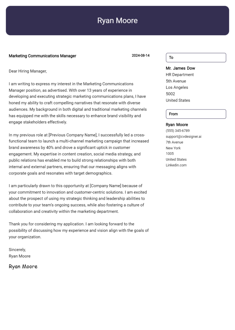 Marketing Communications Manager Cover Letter Example for 2025: Top CV Skills