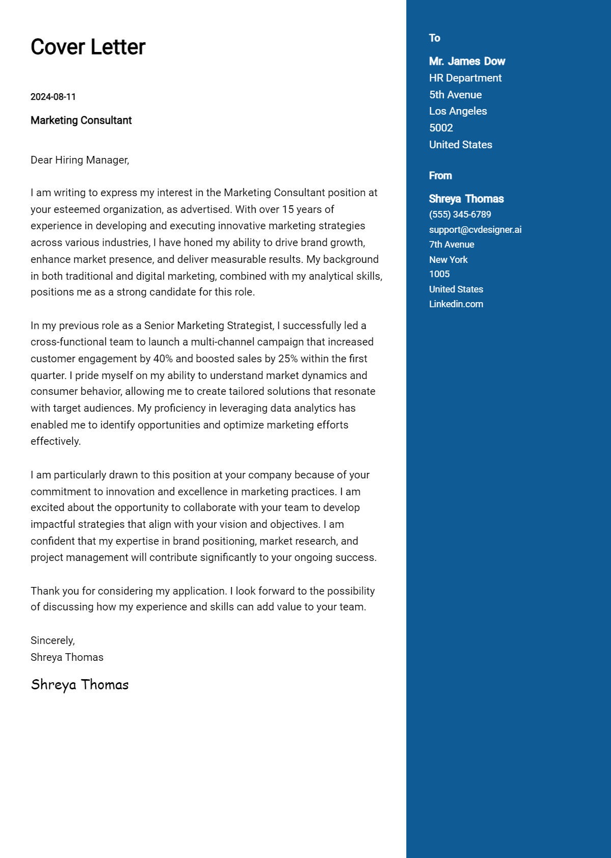 marketing consultant cover letter example