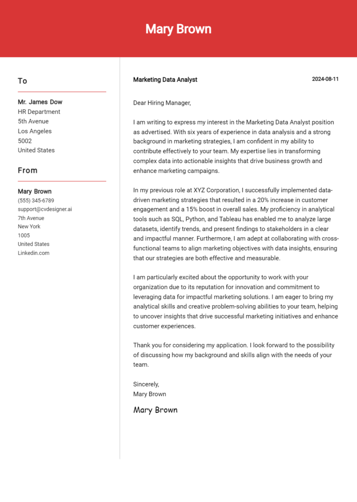 marketing data analyst cover letter example