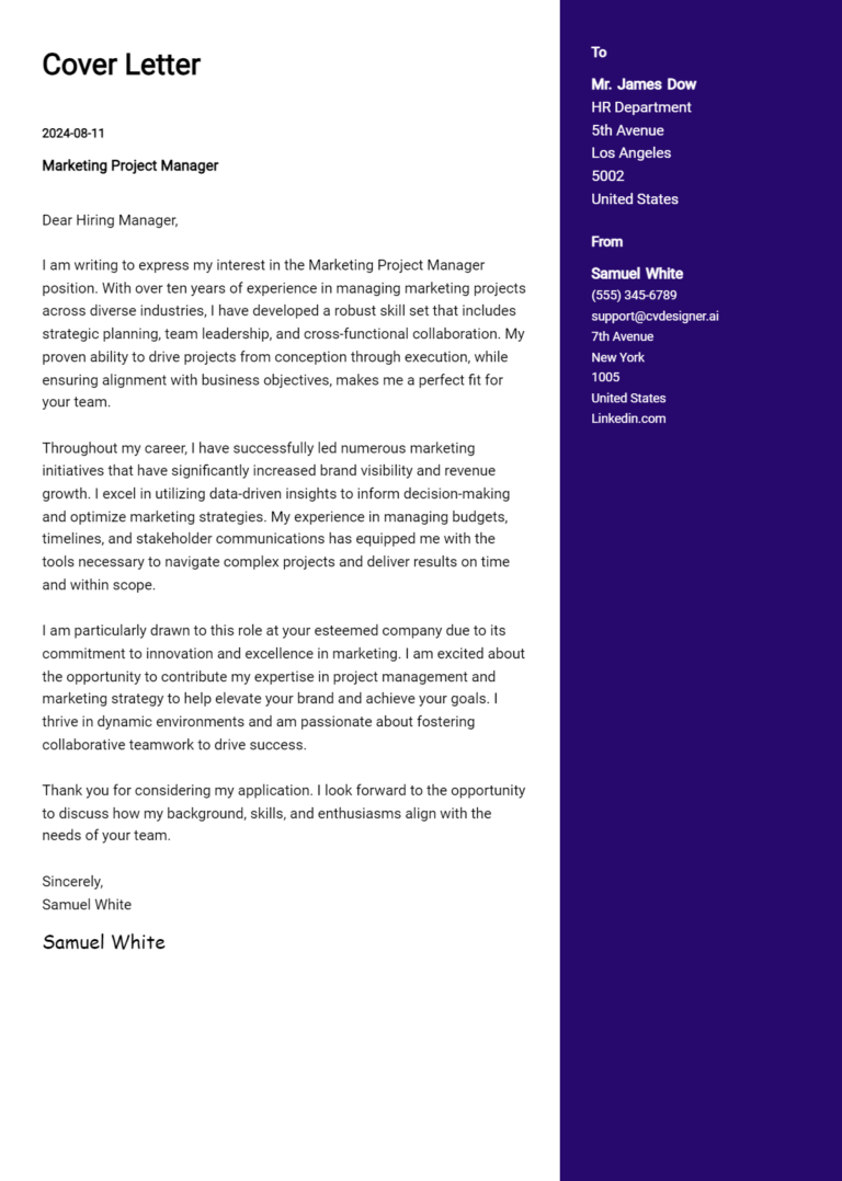 Marketing Project Manager Cover Letter Samples & Examples 2025