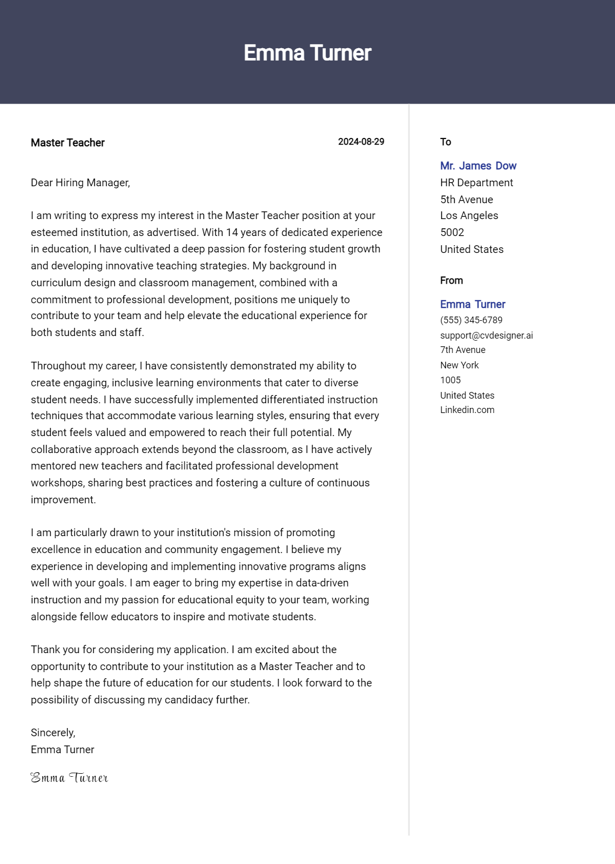 master teacher cover letter example