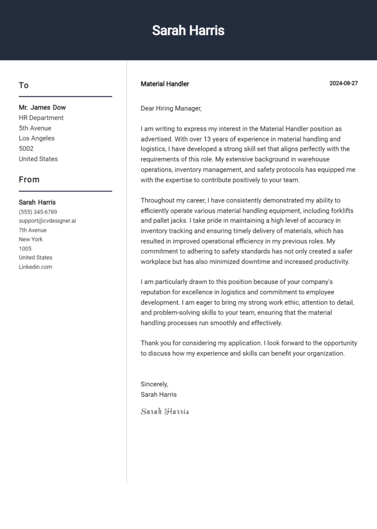Material Handler Cover Letter Example for 2025: Free Templates 1 Material Handler Cover Letter Example for 2025: Free Templates