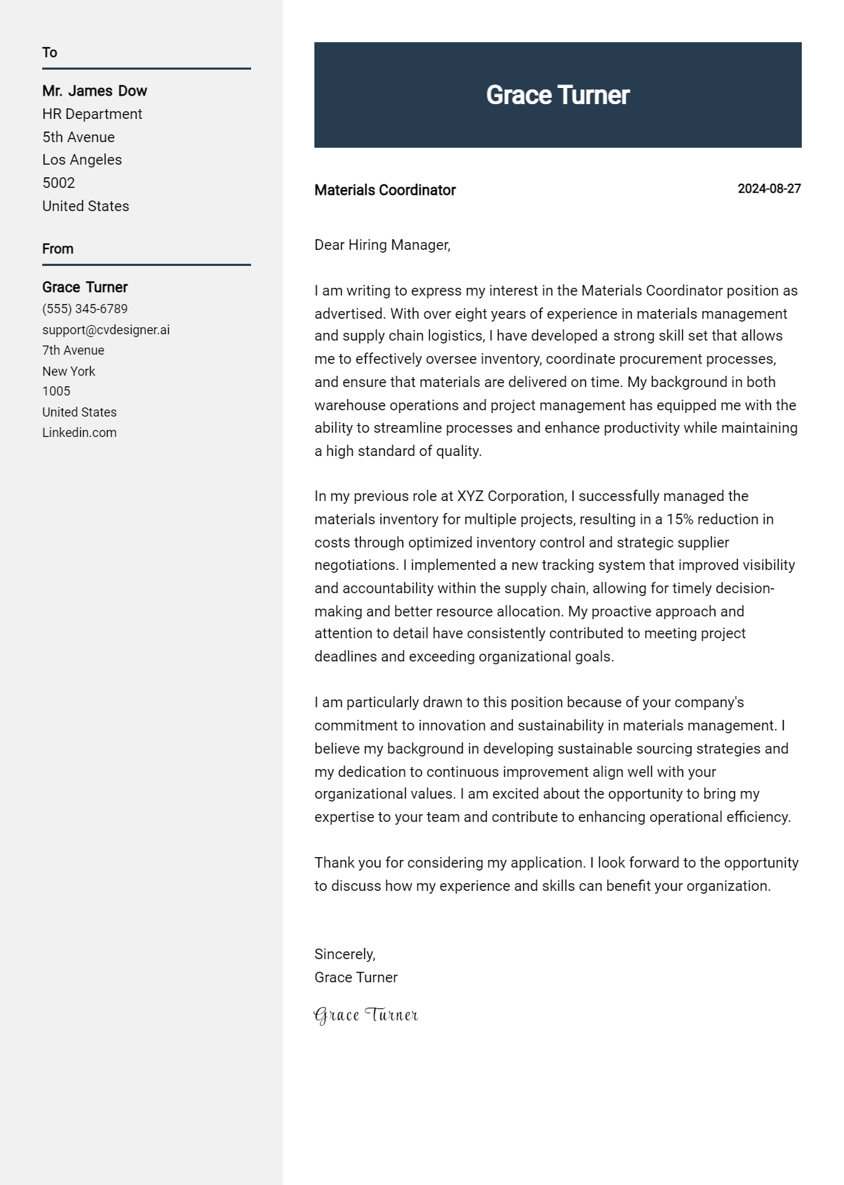 materials coordinator cover letter example