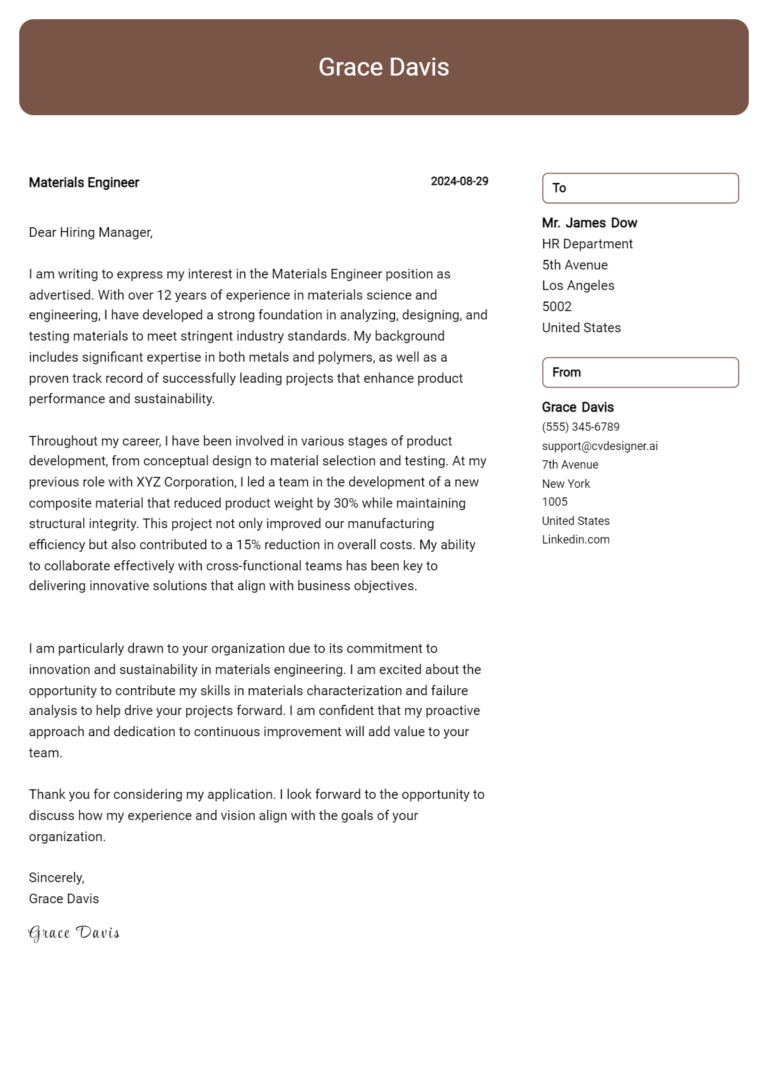 27 Materials Engineer Cover Letter Examples and Templates for 2025 1 27 Materials Engineer Cover Letter Examples and Templates for 2025