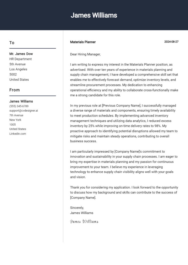 Materials Planner Cover Letter Examples and Templates for 2025