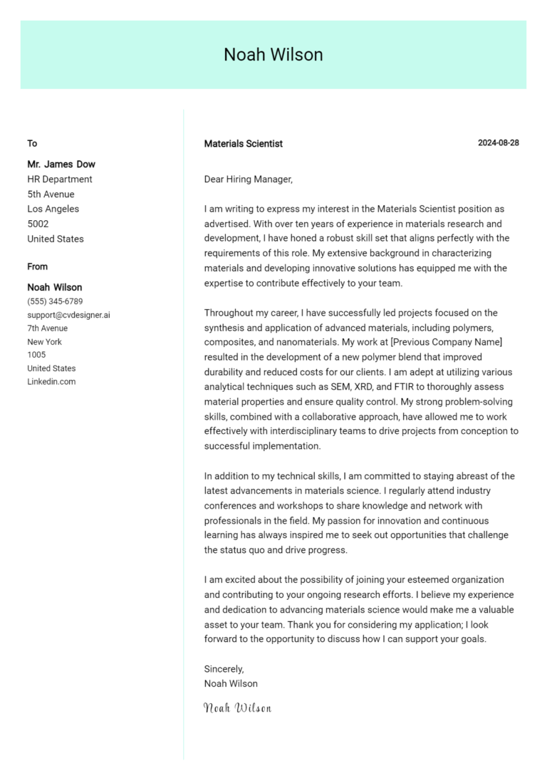 Materials Scientist Cover Letter Example for 2025: Ultimate Guide
