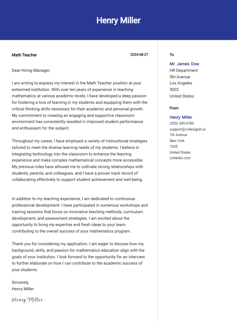 Math Teacher Cover Letter Example for 2025: Expert Tips & Templates