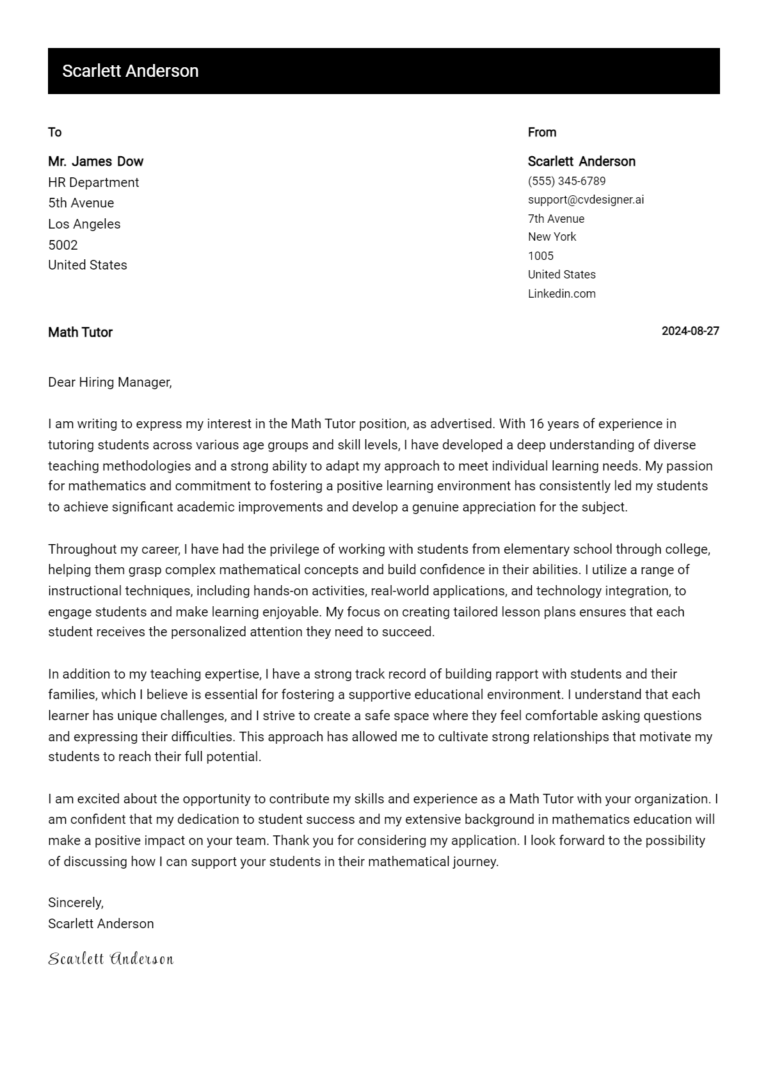 Math Tutor Cover Letter Example for 2025: Ultimate Guide 1 Math Tutor Cover Letter Example for 2025: Ultimate Guide