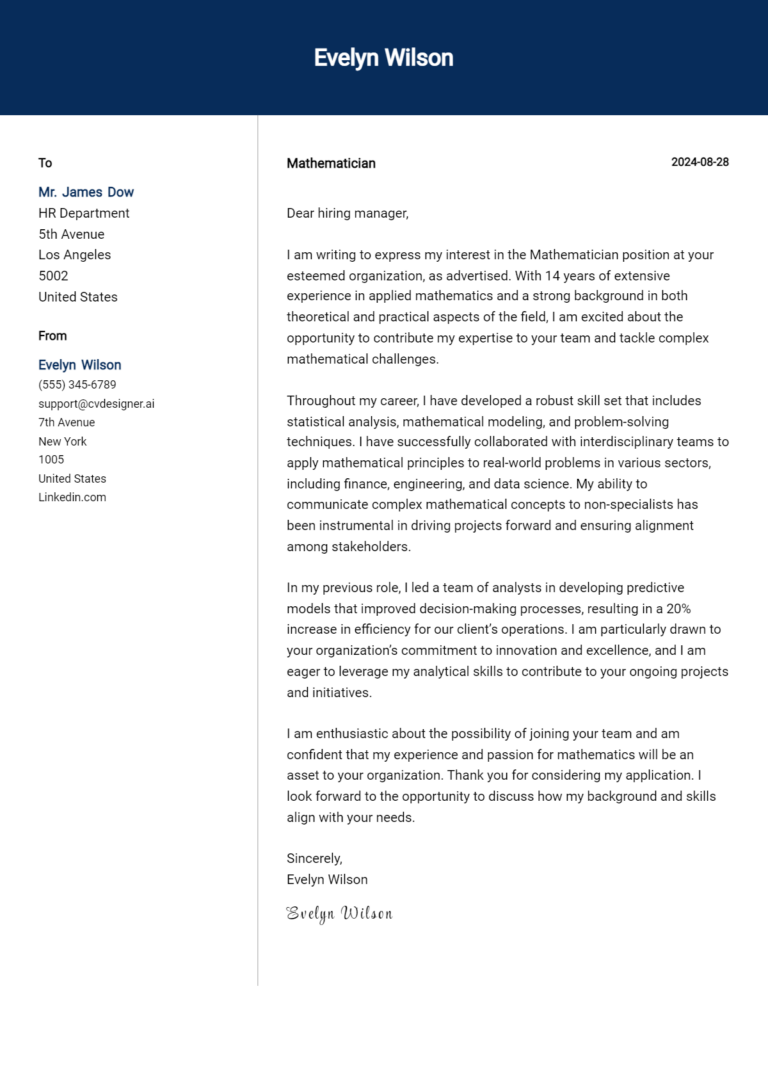 Mathematician Cover Letter Examples for 2025 (Downloadable) 1 Mathematician Cover Letter Examples for 2025 (Downloadable)