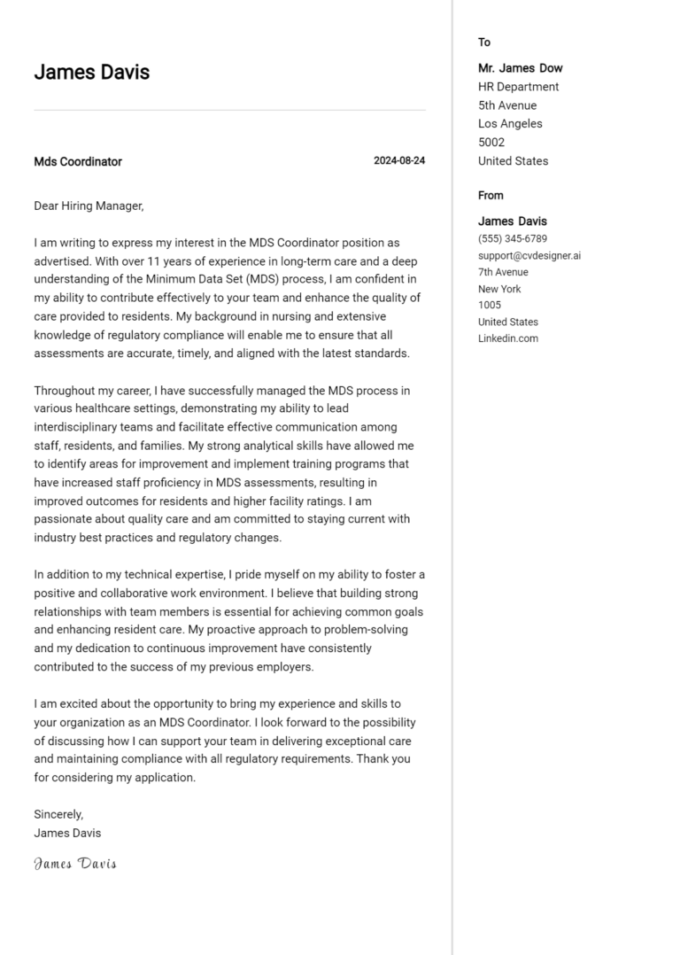 Mds Coordinator Cover Letter Example for 2025: Expert Tips & Templates