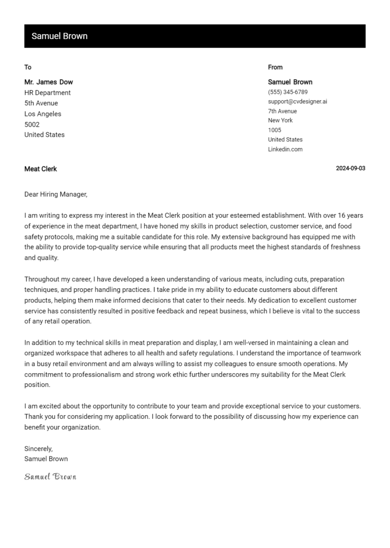 Meat Clerk Cover Letter Example for 2025 (Complete Writing Guide) 1 Meat Clerk Cover Letter Example for 2025 (Complete Writing Guide)