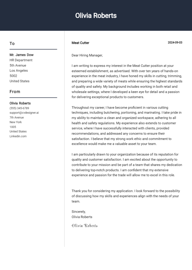 Meat Cutter Cover Letter Example for 2025: Tips & Templates