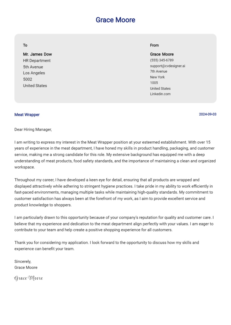 Meat Wrapper Cover Letter Example for 2025 (Writing Guide)