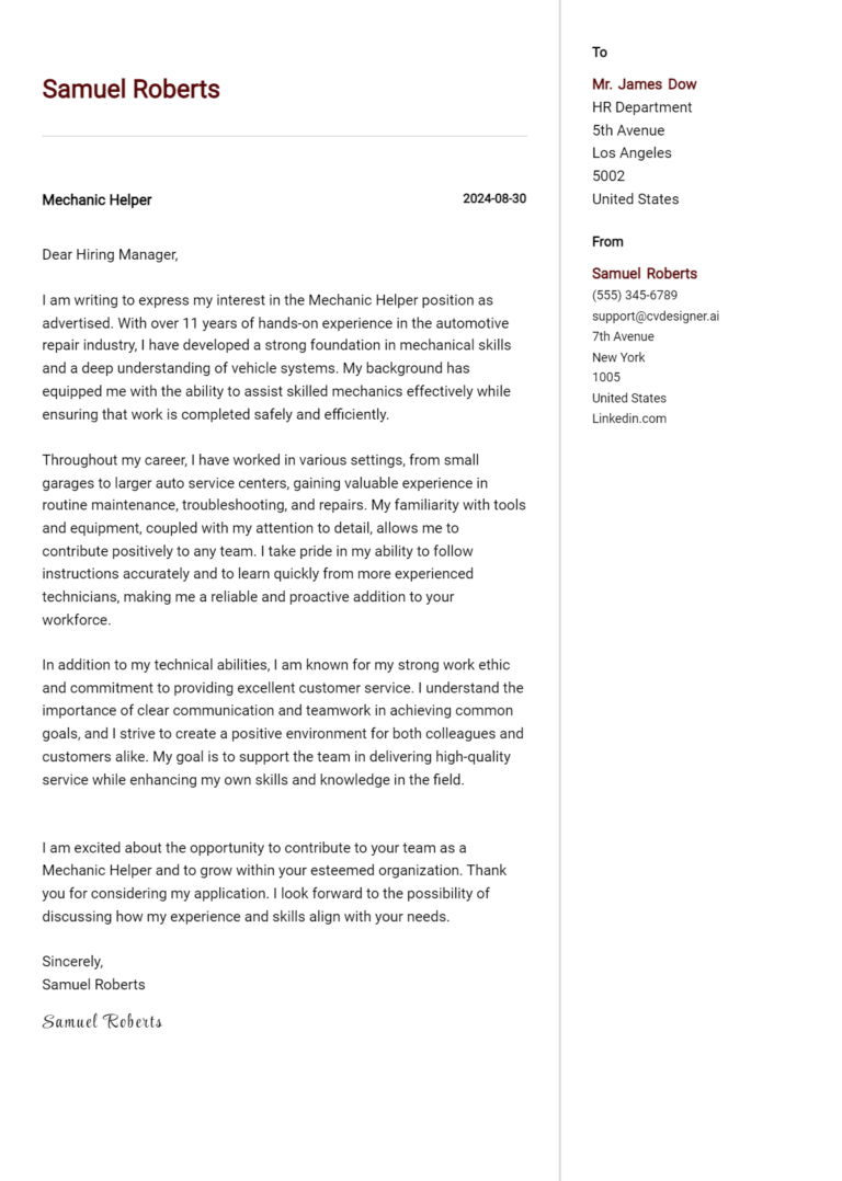 9 Mechanic Helper Cover Letter Samples & Examples 2025