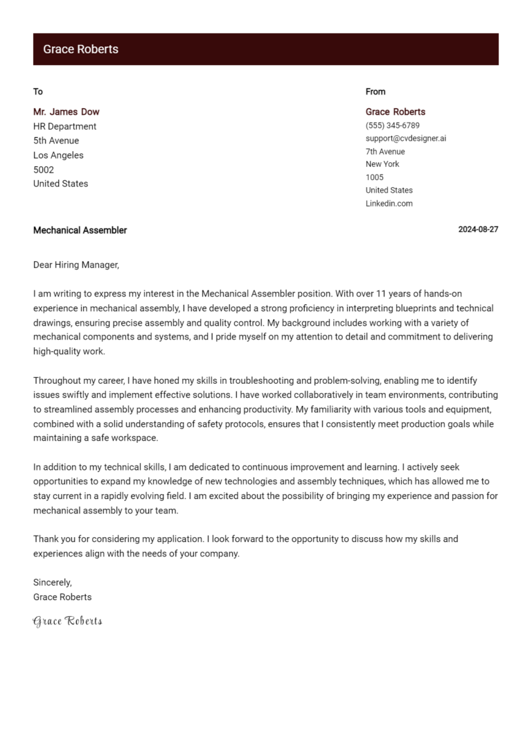 Mechanical Assembler Cover Letter Examples for 2025 (Downloadable)