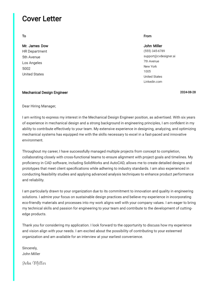 mechanical design engineer cover letter example