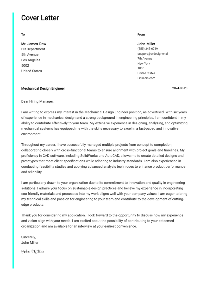 15 Mechanical Design Engineer Cover Letter Example for 2025: Free Templates 1 15 Mechanical Design Engineer Cover Letter Example for 2025: Free Templates