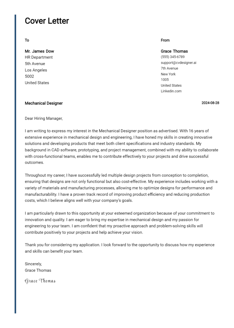 Mechanical Designer Cover Letter Example for 2025: Proven Tips 1 Mechanical Designer Cover Letter Example for 2025: Proven Tips