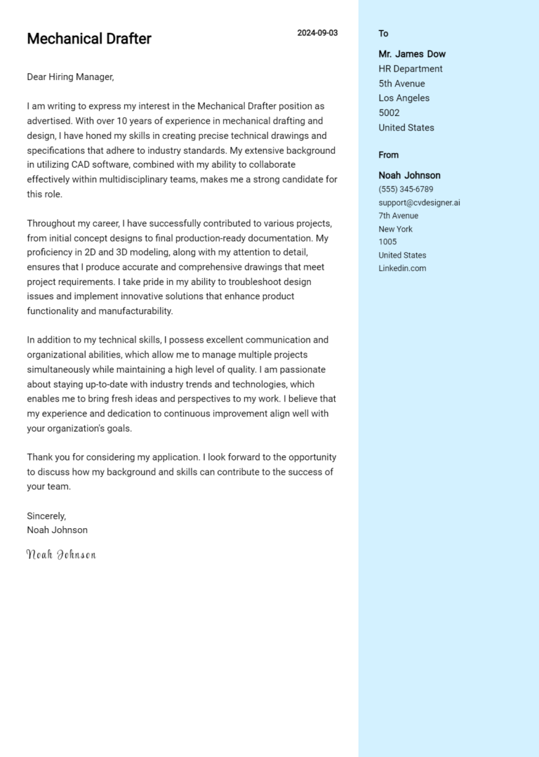 Mechanical Drafter Cover Letter Example for 2025 (Free Templates)