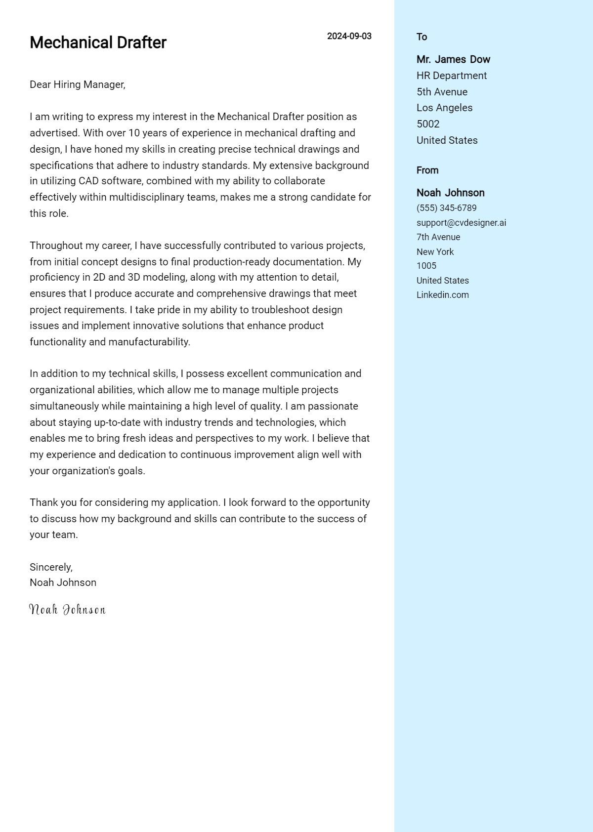 mechanical drafter cover letter example