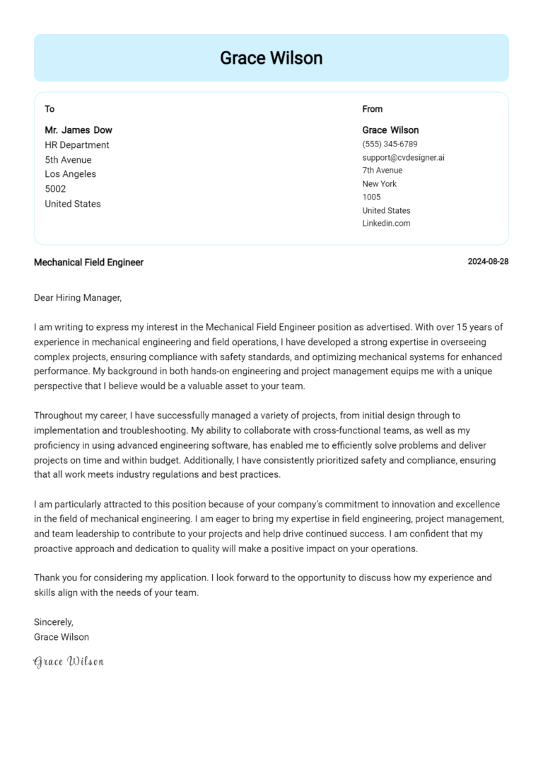15 Mechanical Field Engineer Cover Letter Examples for 2025 (Free Templates)