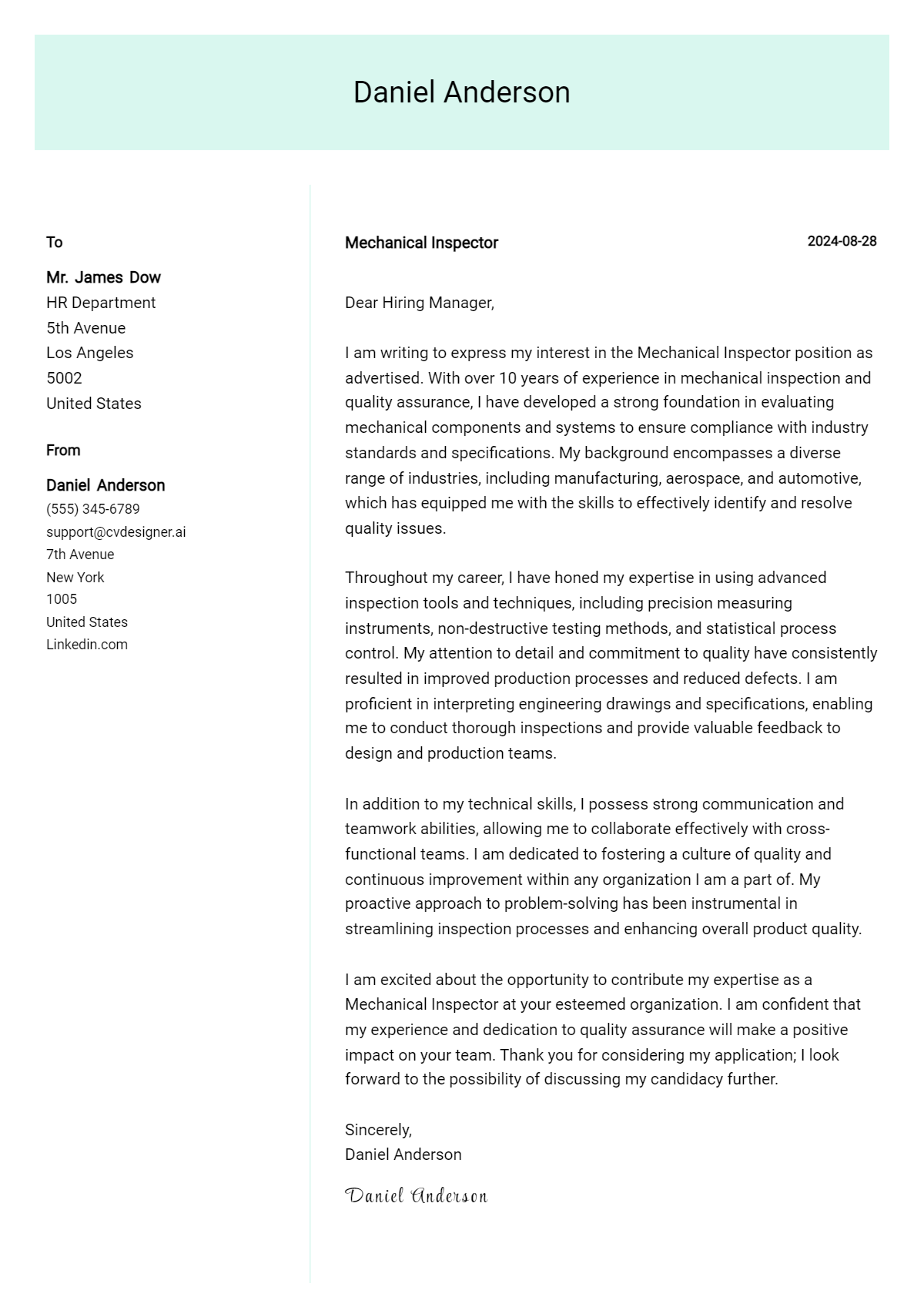mechanical inspector cover letter example