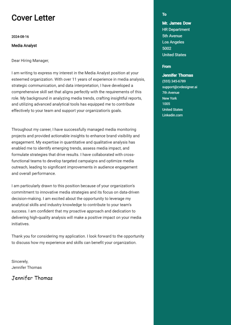 Media Analyst Cover Letter Samples & Examples 2025 1 Media Analyst Cover Letter Samples & Examples 2025