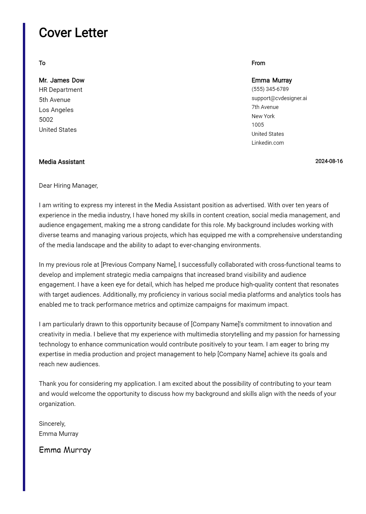 media assistant cover letter example