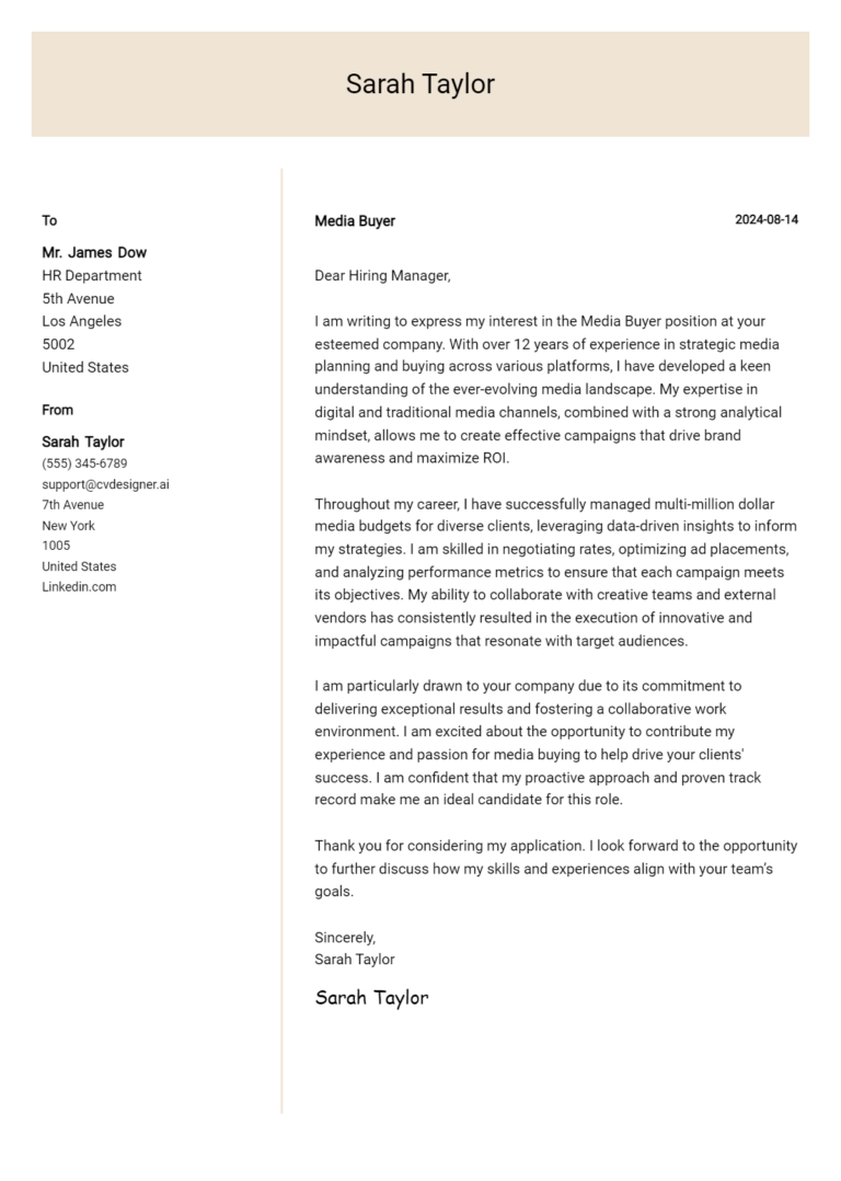 Media Buyer Cover Letter Example for 2025: Tips & Templates