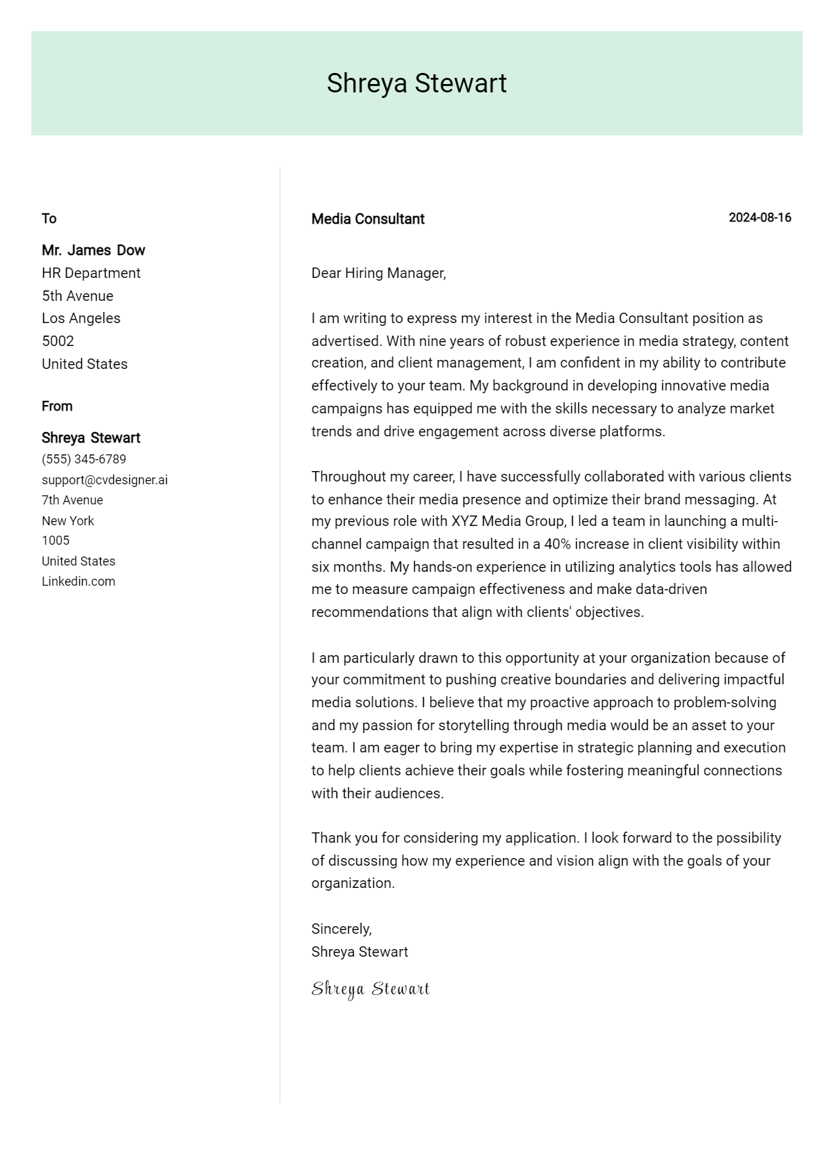 media consultant cover letter example